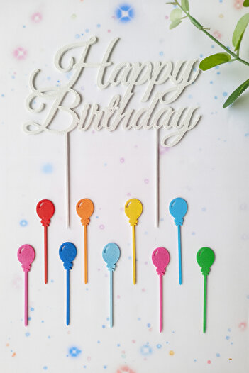 Atolye Doruk Mixed Balloons Birthday Cake Decoration Set - Happy Birthday Cake Lettering - Balloon Cupcake Picks
