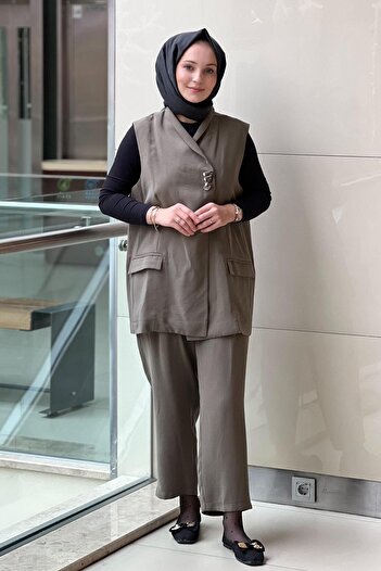 Mahal Crochet Knitwear Single Button Vest Trouser Set
