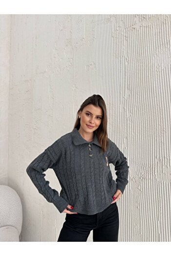 Hazinedan Women's Teddy Bear Embroidered Hair Braided Buttoned Knitwear Sweater
