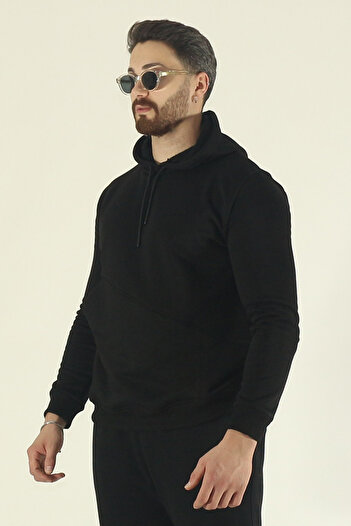 EydaMoon Men's Winter Fleece Lined Puff Fabric Hooded 3-Thread Side Pocket Tracksuit Set - Black