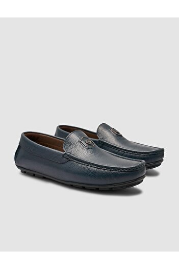 Cabani 100% Genuine Leather Navy Blue Logo Detailed Men's Loafer Shoes