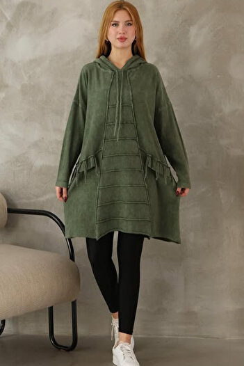 AYASOFYA OTANTIK Women's Khaki Hooded Distressed Oversized Loose Long Knit Blouse Tunic