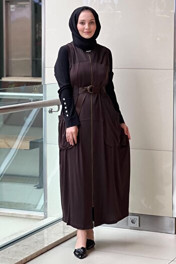 Nurcan Çetin Pocketed Belt Bag Belted Zippered Full-Length Vest