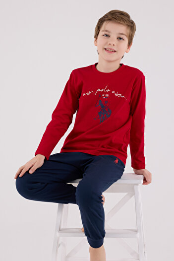 U.S. Polo Assn. Boy's Crew Neck Printed Single Jersey Ribbed Pajama Set Th27Vl3Vrpol