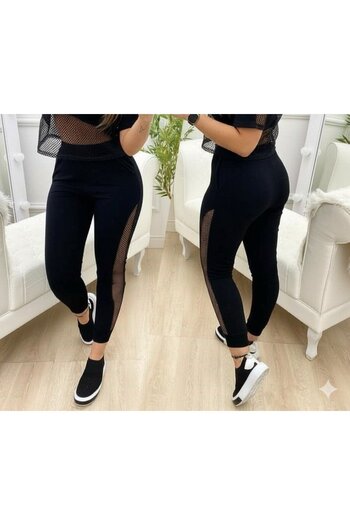 soonaksesuar Women's High Waist Mesh Detailed Slim Fit Viscose Two Thread Pants