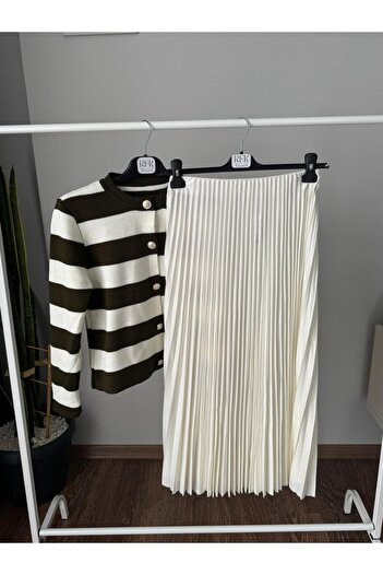 RFK Butik Button Detailed Striped Hijab Knitwear Cardigan Skirt Set - Khaki