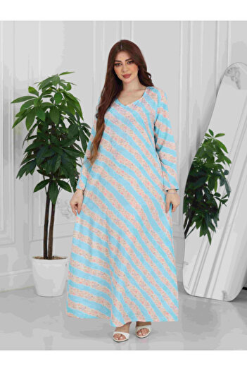 Nice Model Women's Diagonal Striped Long Sleeve Maxi Dress V-Neck Loose Fit Summer Casual Homewear Kaftan