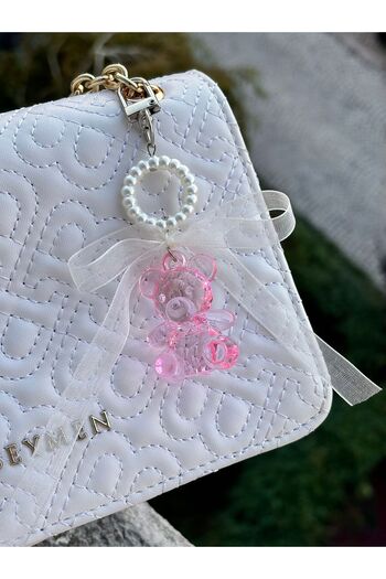PEONY - peonyofficiall Pink Bear Bag Ornament Pearl Detailed White Tulle Bow Keychain with Silver Clip