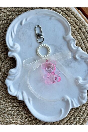 PEONY - peonyofficiall Pink Bear Bag Ornament Pearl Detailed White Tulle Bow Keychain with Silver Clip