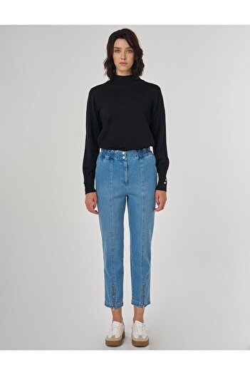 Kayra Zipper Detailed Denim Trousers Blue