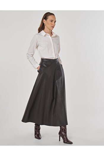 Kayra High Waist Faux Leather Skirt Dark Brown