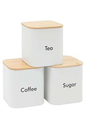 fulina Coffee Tea Sugar Container Set,3 Pieces,White Iron Kitchen Canister Set with Bamboo Lids,48 oz
