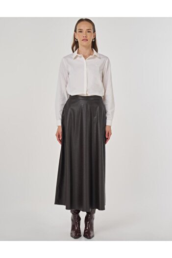 Kayra High Waist Faux Leather Skirt Dark Brown