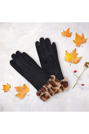 SHOPIENS Women's Touchscreen Gloves, Suede, Faux Fur Leopard, Black/Brown Color, 1 Pair, MYONNA IT