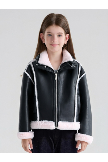 SETTY KOOP Faux Fur Lined PU Leather Jacket with Plush and Belted Collar eco-leather jacket