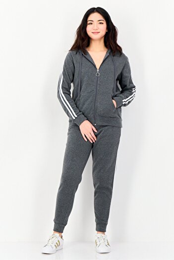 Buzz Women 2 Pieces Hooded Heather Long Sleeves Hoodies And Sweatpants, Dark Grey