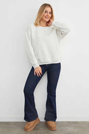 Fulla Moda 3 Thread Stone Heart Detailed Oversize Sweatshirt