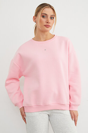 Fulla Moda 3 İplik Taşlı Kalp Detaylı Oversize Sweatshirt