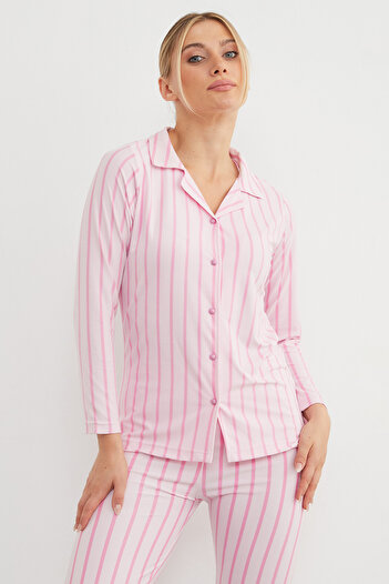 Fulla Moda Pembe Çizgili Süet Pijama Takımı