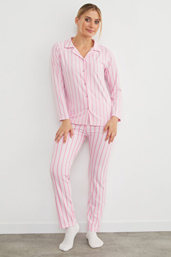Fulla Moda Pembe Çizgili Süet Pijama Takımı