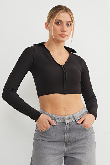Fulla Moda Polo Neck Zippered Crop Bodysuit