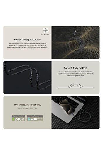 Adam Elements CASA MP100 USB-C to USB-C 240W Magnetic Charging Cable 1m - Titanium