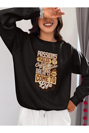 MAGORS Dreams Fueled Coffee Printed Cotton Long Sleeve Ribbed 3-Ply Circular Neck Sweatshirt