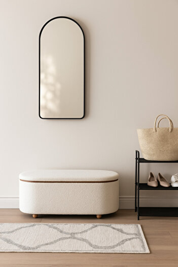 MARIA HOMES White Oval Storage Ottoman Bench with Wooden Base – Modern Bedroom Seat 88×35×40 cm