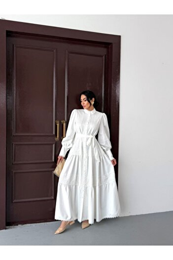 suphias Lace Detailed Lined & Belted Atlas Fabric Dress