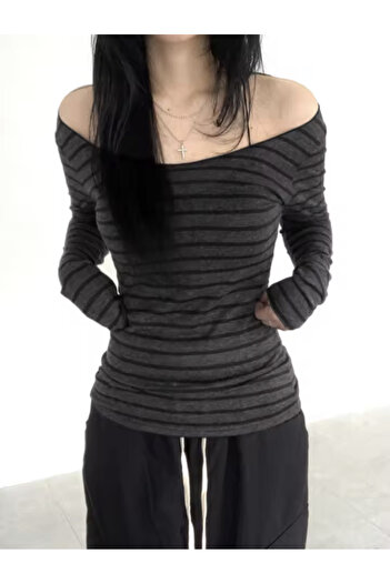 Köstebek New Season Black Striped Madonna Collar Gray Blouse