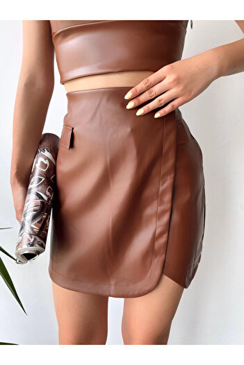 Işıltı kidss Leather skirt with oval flap and pocket detail, coffee color h240048
