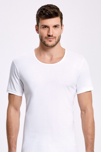 İlke Men's White 100% Cotton Short Sleeve Wide Neck Undershirt Tank Top