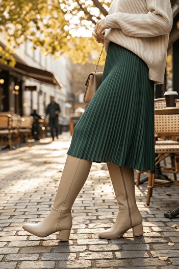 DİVOLYA Despina Nude Leather Heeled Boots (5 cm Heel) with Side Zipper for Daily Use