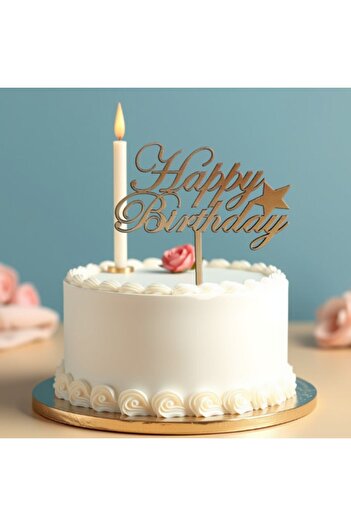 OEM Topper tort Happy Birthday, Promotional Print, HB01MDF1, mdf vopsit auriu, 12x8 cm