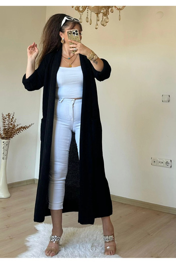 AZRA BUTİK Long Loose Cardigan Black