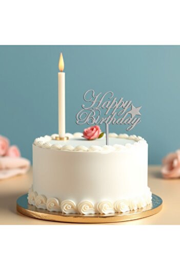 OEM Topper tort Happy Birthday, Promotional Print, HB01MDF2, mdf vopsit argintiu, 12x8 cm