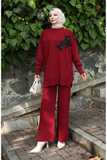 sefamerve Knitwear Floral Embroidered Tunic Trousers Double Suit 1067-02 Burgundy