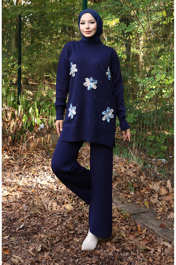 sefamerve Knitwear Floral Detailed Tunic Trousers Double Set 1006-02 Navy Blue