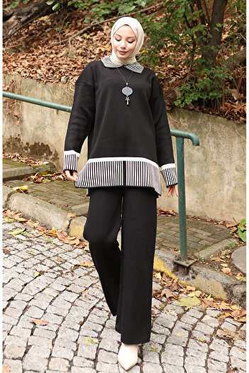 sefamerve Knitwear Stripe Detailed Tunic Trousers Double Set 1066-03 Black
