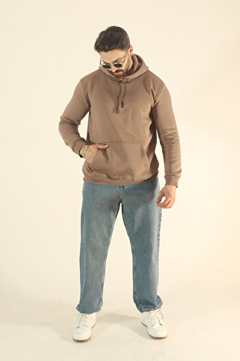 EydaMoon Men's Basic Winter Soft Textured Sweatshirt - Brown Regular Kangaroo Pocket Hoodie