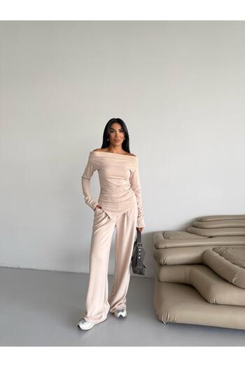 Famel Butik Women's Draped Asymmetrical Cut Blouse Pants Modal Set