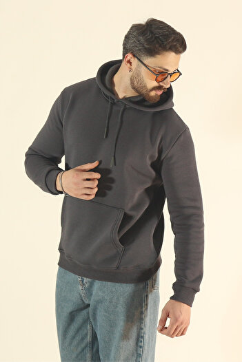 EydaMoon Men's Basic Winter Fleece-Lined Sweatshirt - Dark Smoked Regular Kangaroo Pocket Hoodie