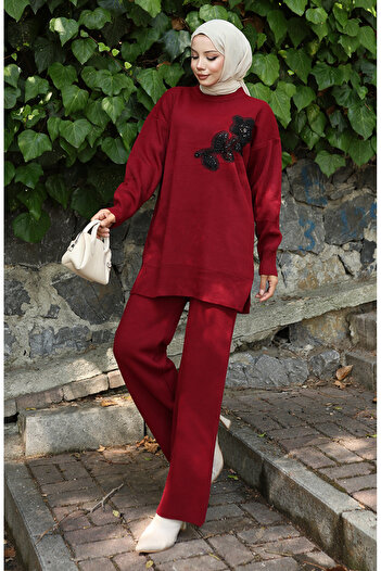 sefamerve Knitwear Floral Embroidered Tunic Trousers Double Suit 1067-02 Burgundy
