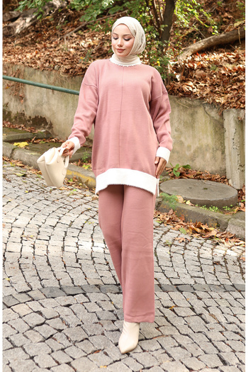 sefamerve Knitwear Pearl Detailed Tunic Trousers Double Suit 1011-04 Dusty Rose