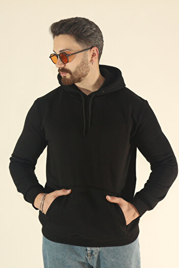 EydaMoon Men's Basic Winter Fleece-Lined Sweatshirt - Black Regular Kangaroo Pocket Hoodie