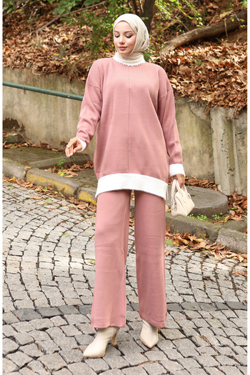 sefamerve Knitwear Pearl Detailed Tunic Trousers Double Suit 1011-04 Dusty Rose