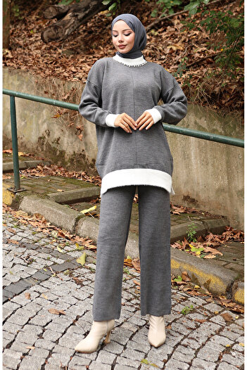 sefamerve Knitwear Pearl Detailed Tunic Trousers Double Suit 1011-05 Gray