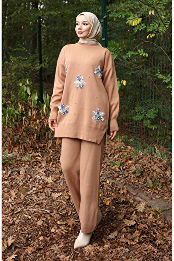 sefamerve Knitwear Floral Detailed Tunic Trousers Double Set 1006-06 Milky Coffee