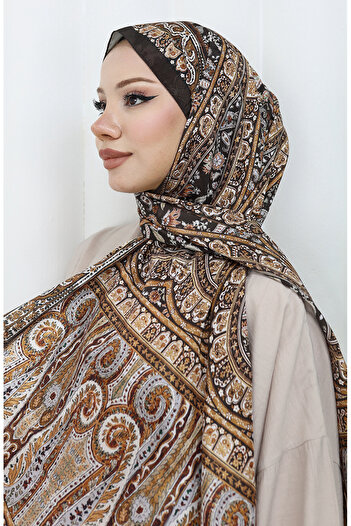 sefamerve Ethnic Pattern Voile Shawl 70303-01 Brown