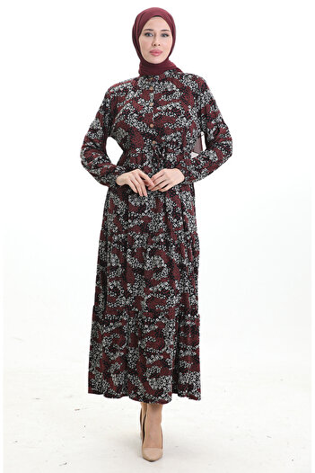 sefamerve Hakim Yaka Beli Lace-Up Patterned Dress 0200-02 Black Claret Red